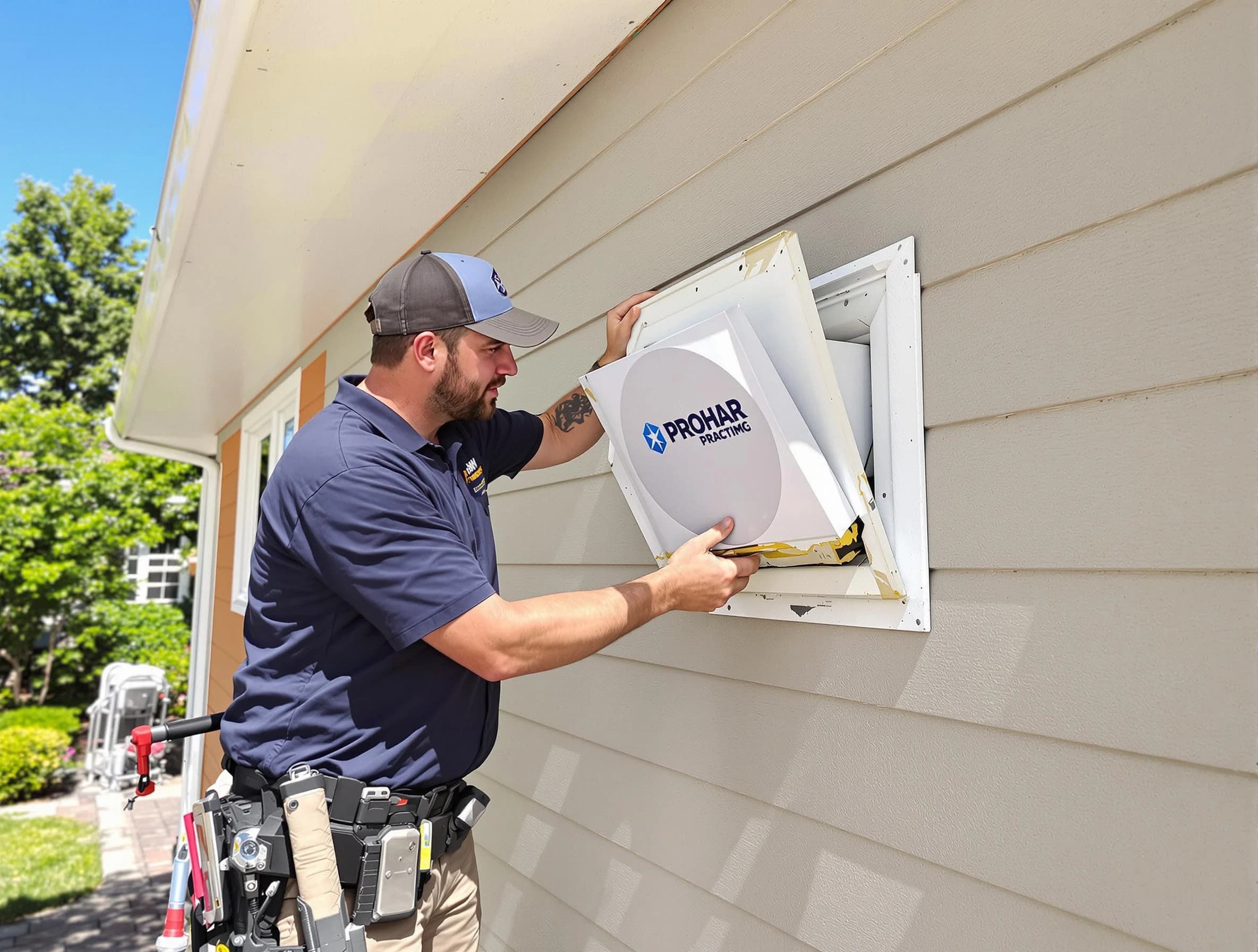 Johnston Dryer Vent Cleaning technician installing a new protective dryer vent cover on a home in Johnston