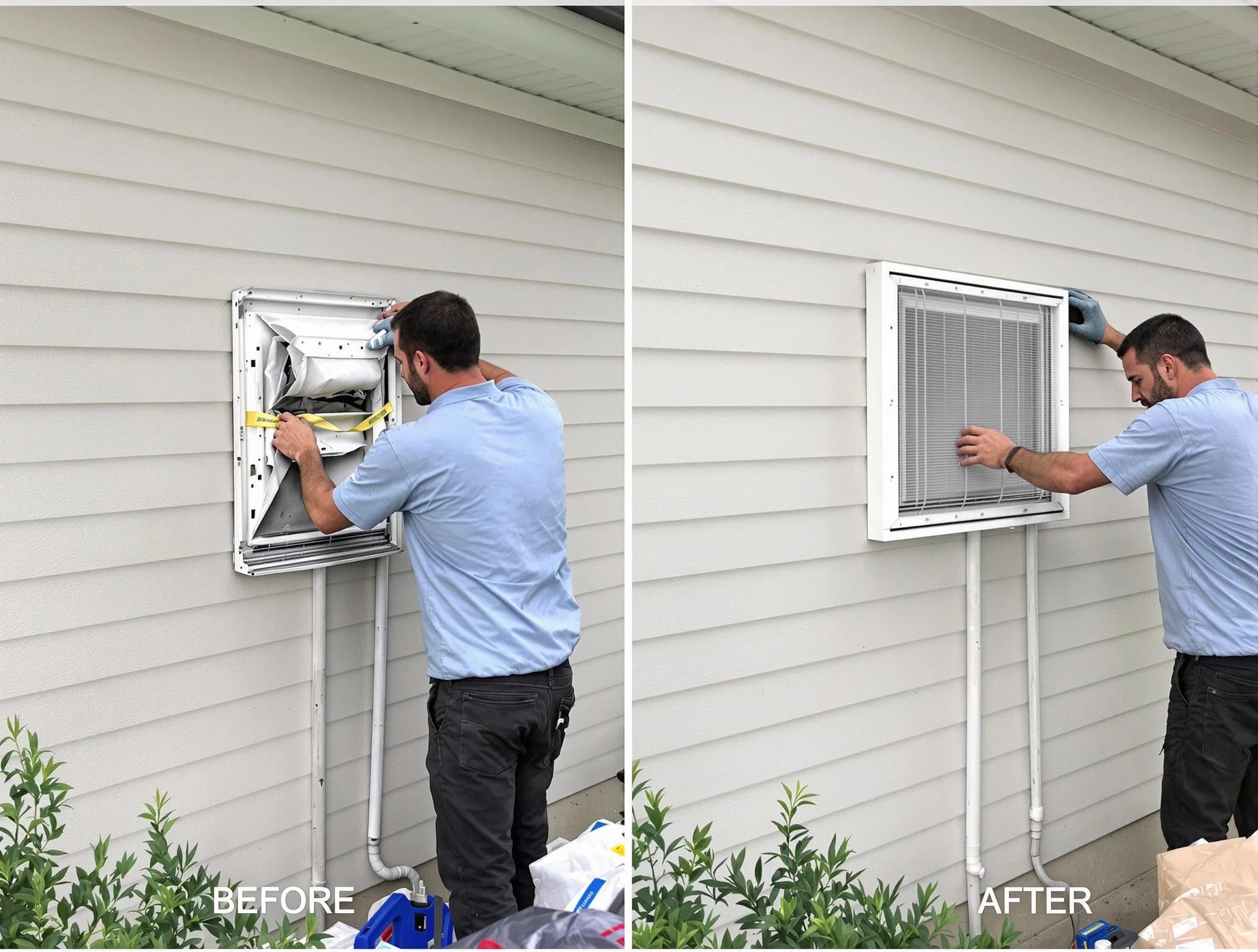 Johnston Dryer Vent Cleaning technician installing high-quality dryer vent cover at a residential property in Johnston