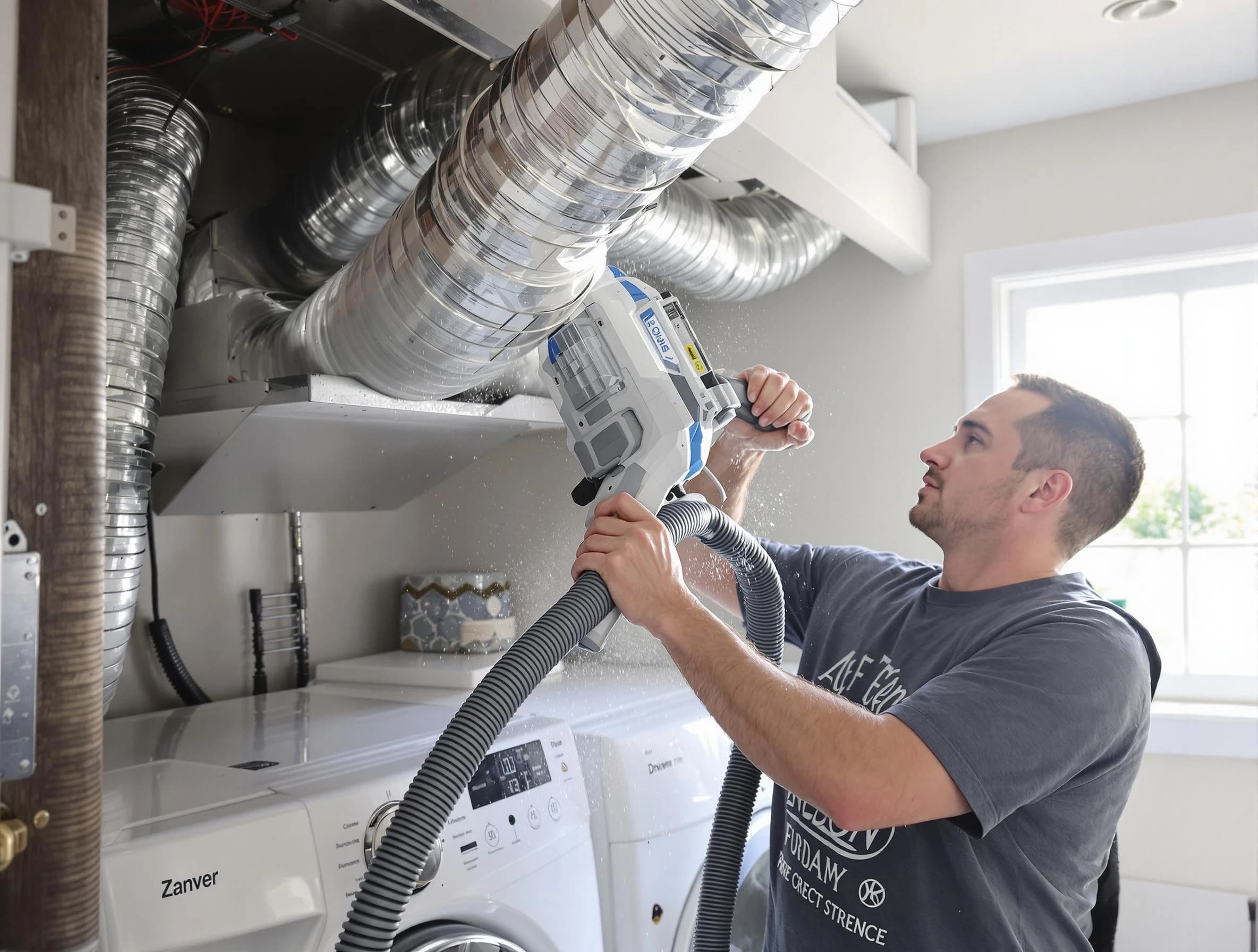Johnston Dryer Vent Cleaning specialist cleaning deep within a dryer vent duct system in Johnston