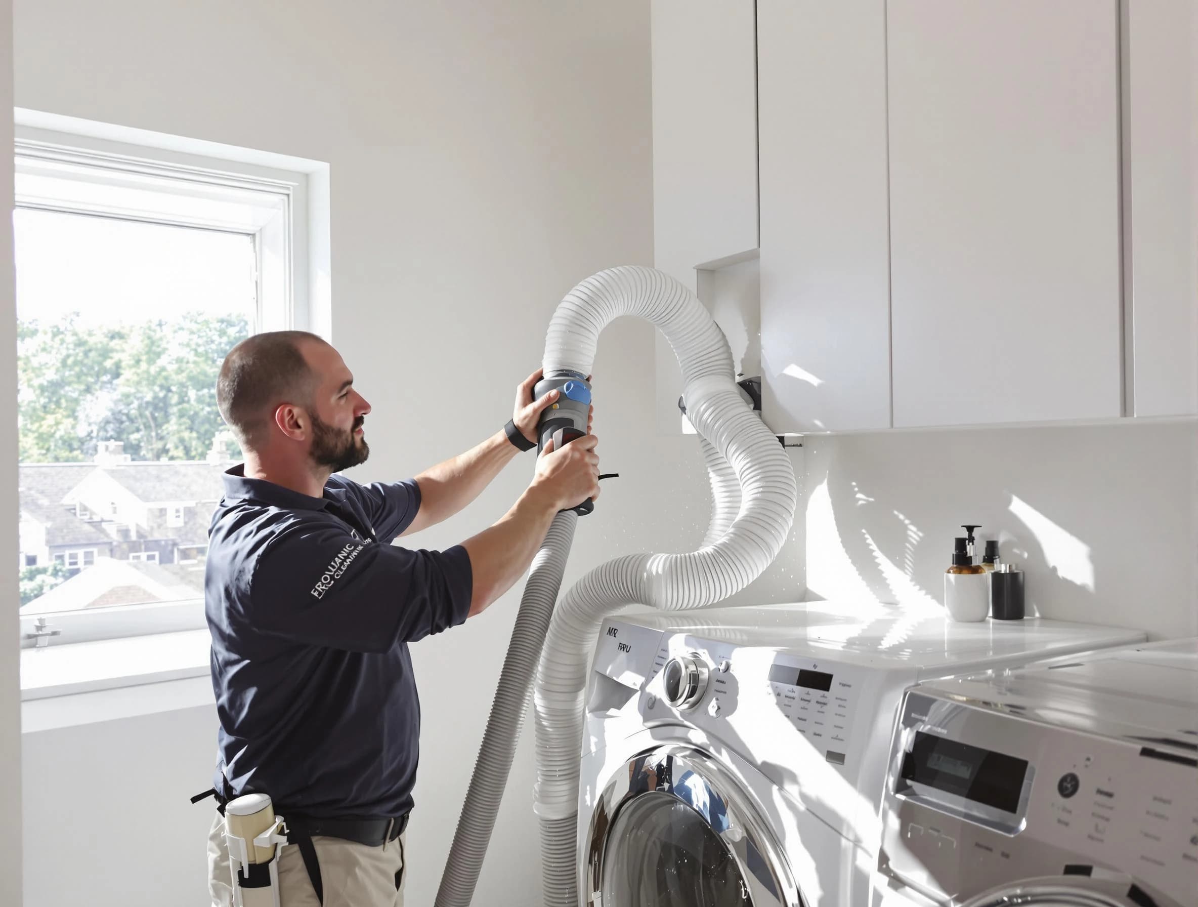 Certified Johnston Dryer Vent Cleaning technician performing dryer vent cleaning in Johnston