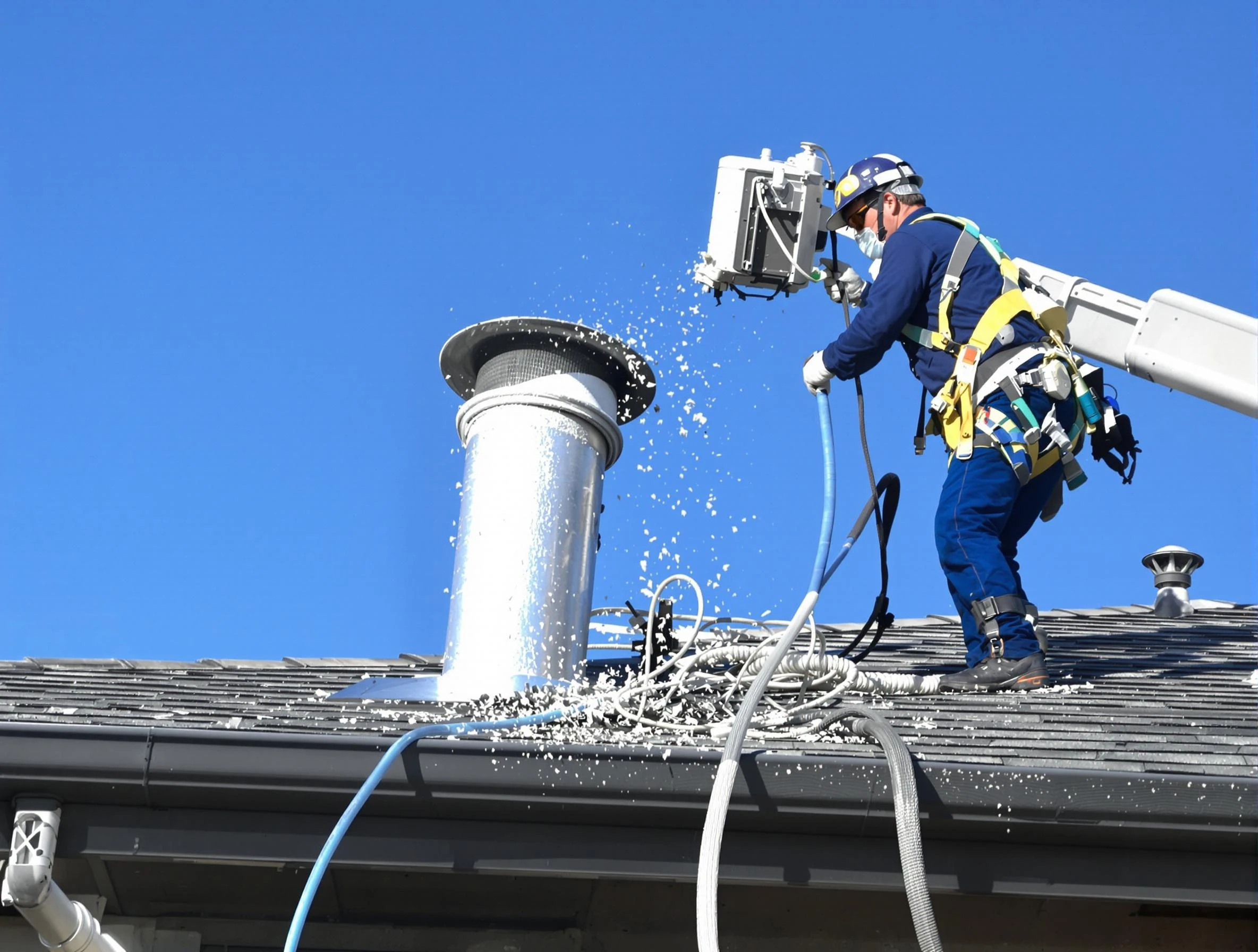 Johnston Dryer Vent Cleaning certified technician safely cleaning a roof-mounted dryer vent in Johnston